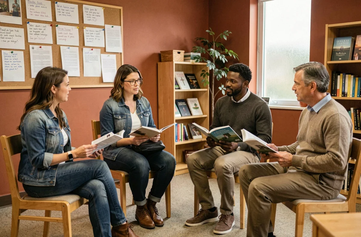 Groupe de chrétiens adultes en cercle d'étude biblique dans une salle communautaire, discussion spirituelle contemporaine