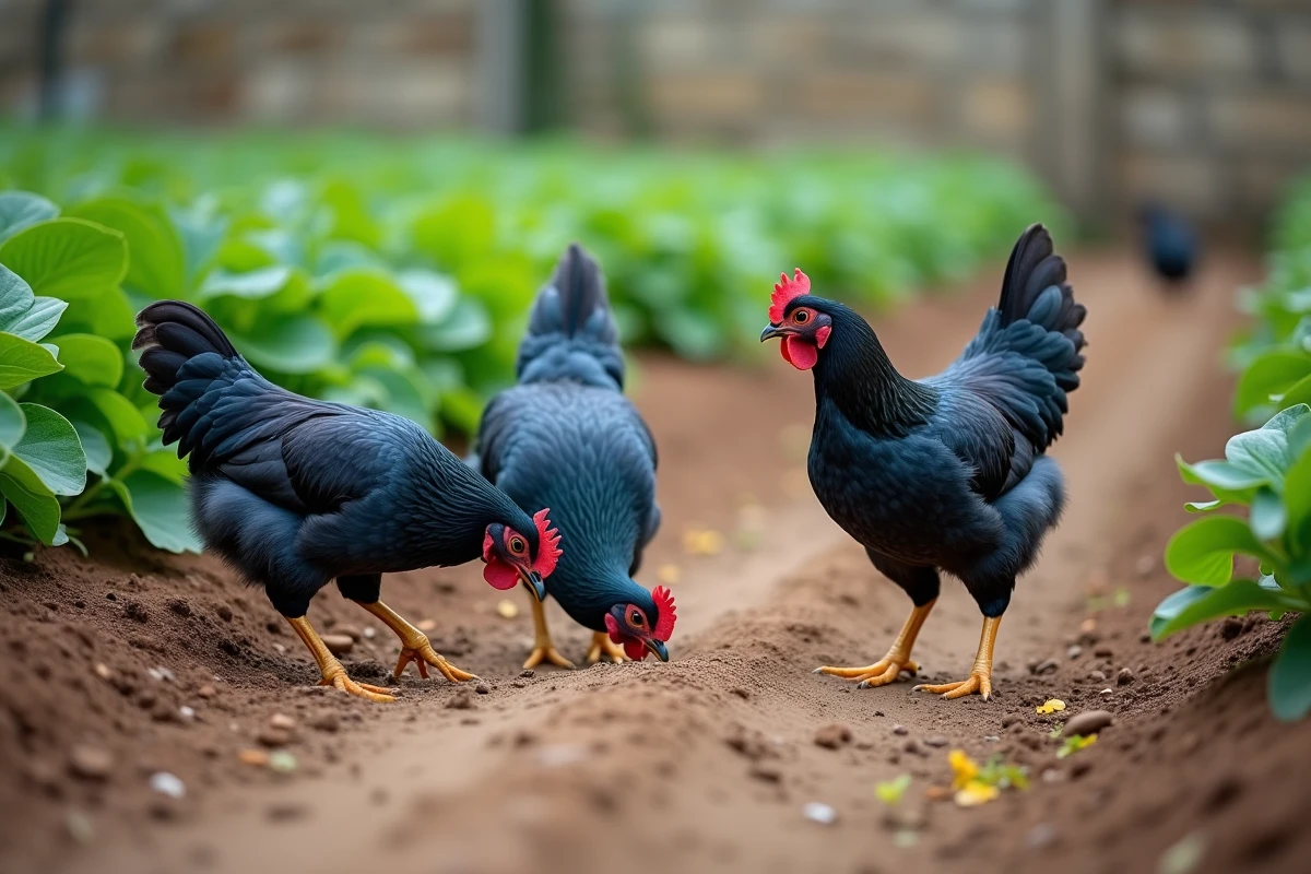 Groupe de poules bleues d'Aquitaine en liberté dans un potager traditionnel français