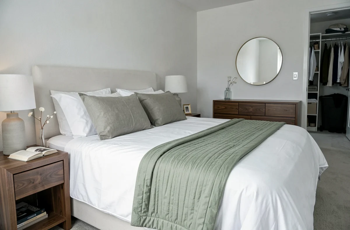 Chambre à coucher mise en valeur par le home staging avec literie blanche, jeté vert sauge et mobilier en noyer pour la vente immobilière