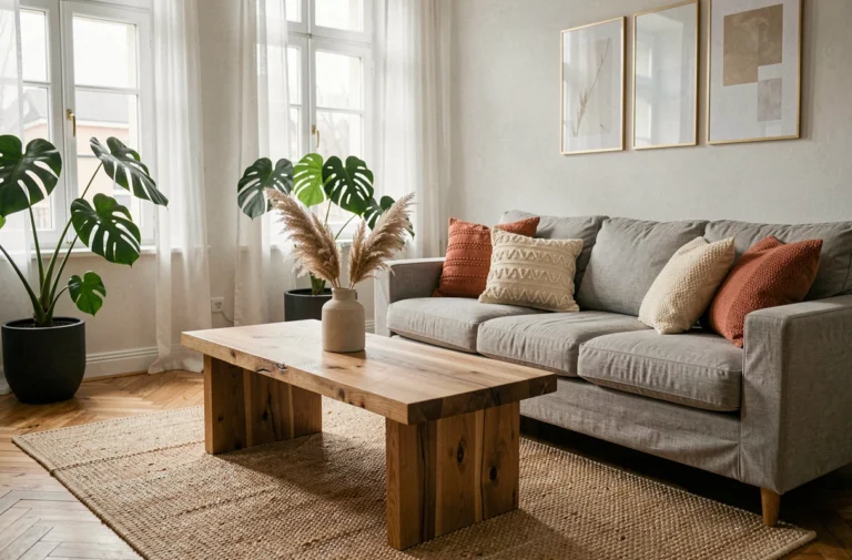Salon moderne et épuré avec canapé en lin gris, table en chêne brut et décoration végétale pour un home staging réussi