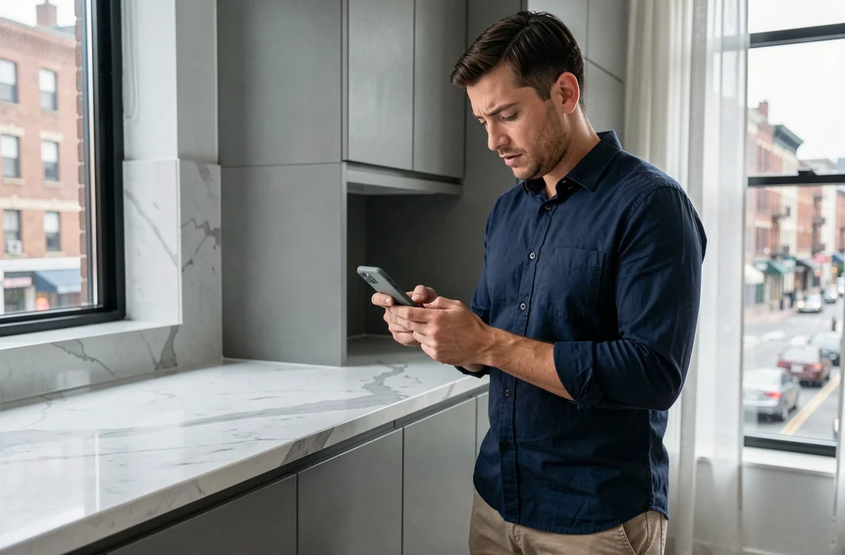 Homme consultant une application de location immobilière sur smartphone dans une cuisine moderne