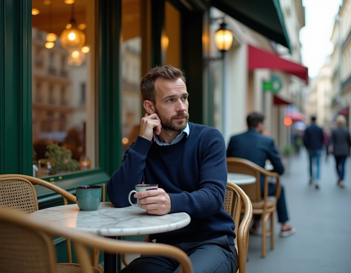 Homme pensif attablé seul à une terrasse de café parisien dans un quartier gay-friendly, ambiance urbaine authentique et contemplative