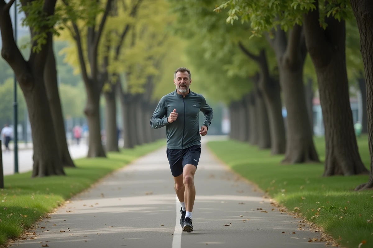 Homme en jogging dans un parc urbain