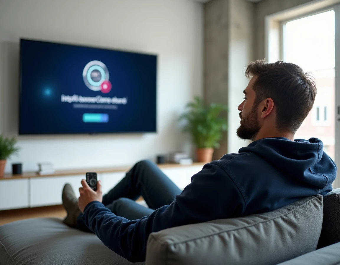Homme regardant un site de films sécurisé sur sa télévision dans un appartement moderne