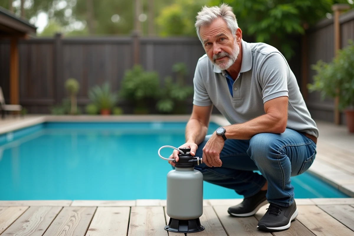 Homme vérifiant le filtre de la piscine dans le jardin