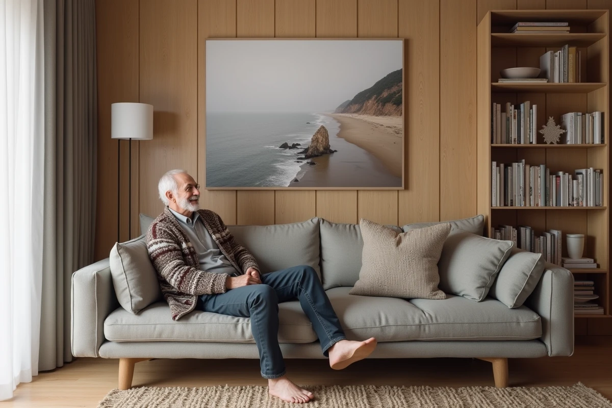 Homme âgé admirant un tableau photo dans un salon scandinave