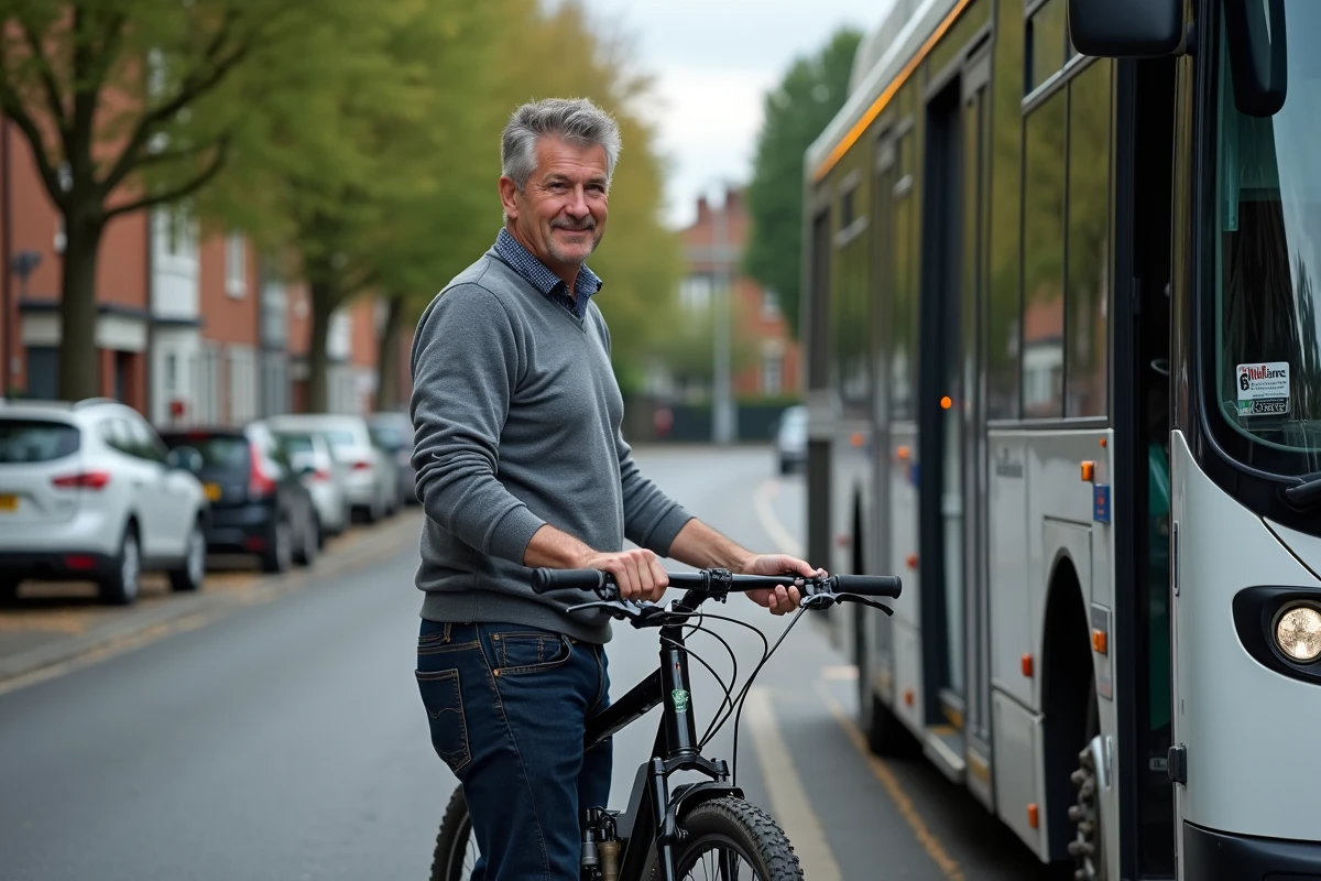 Homme accrochant son vélo à l'avant d'un bus urbain pour combiner plusieurs modes de transport au quotidien