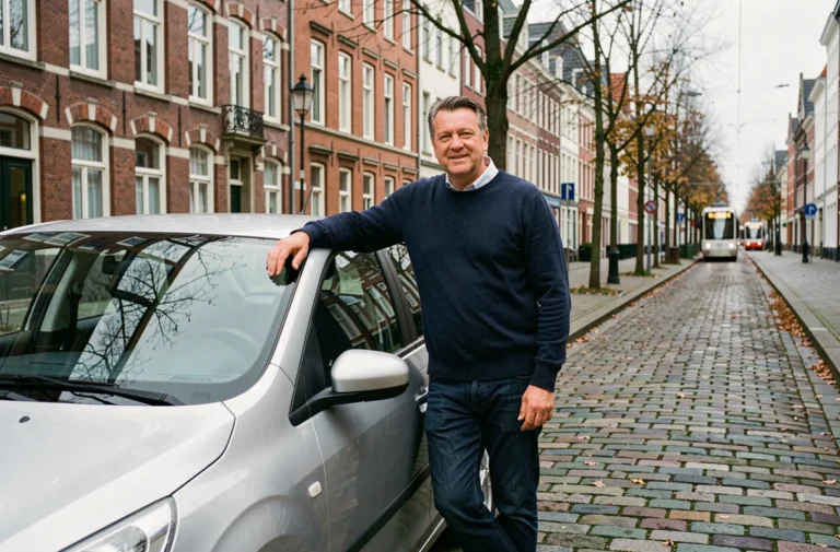 Homme belge appuyé contre une voiture argentée dans une rue pavée de Bruxelles en automne