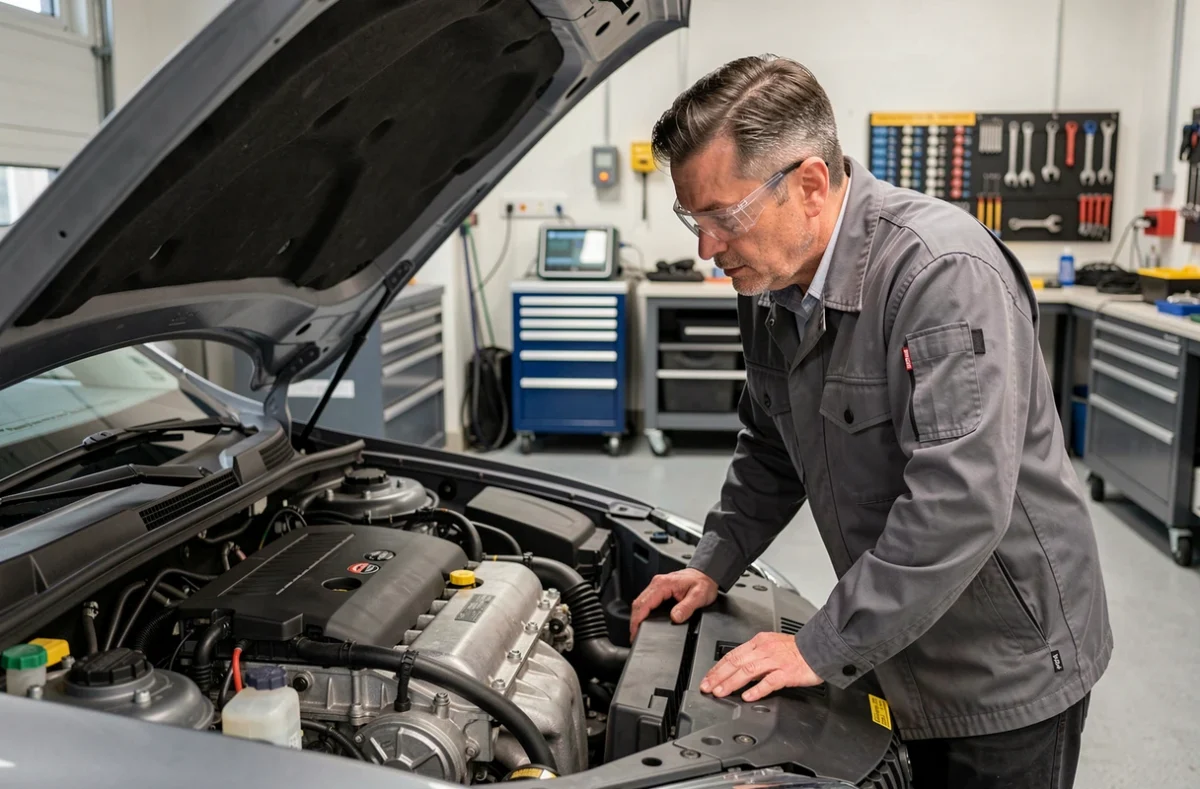 Ingénieur automobile inspectant un moteur hybride de nouvelle génération dans un atelier professionnel