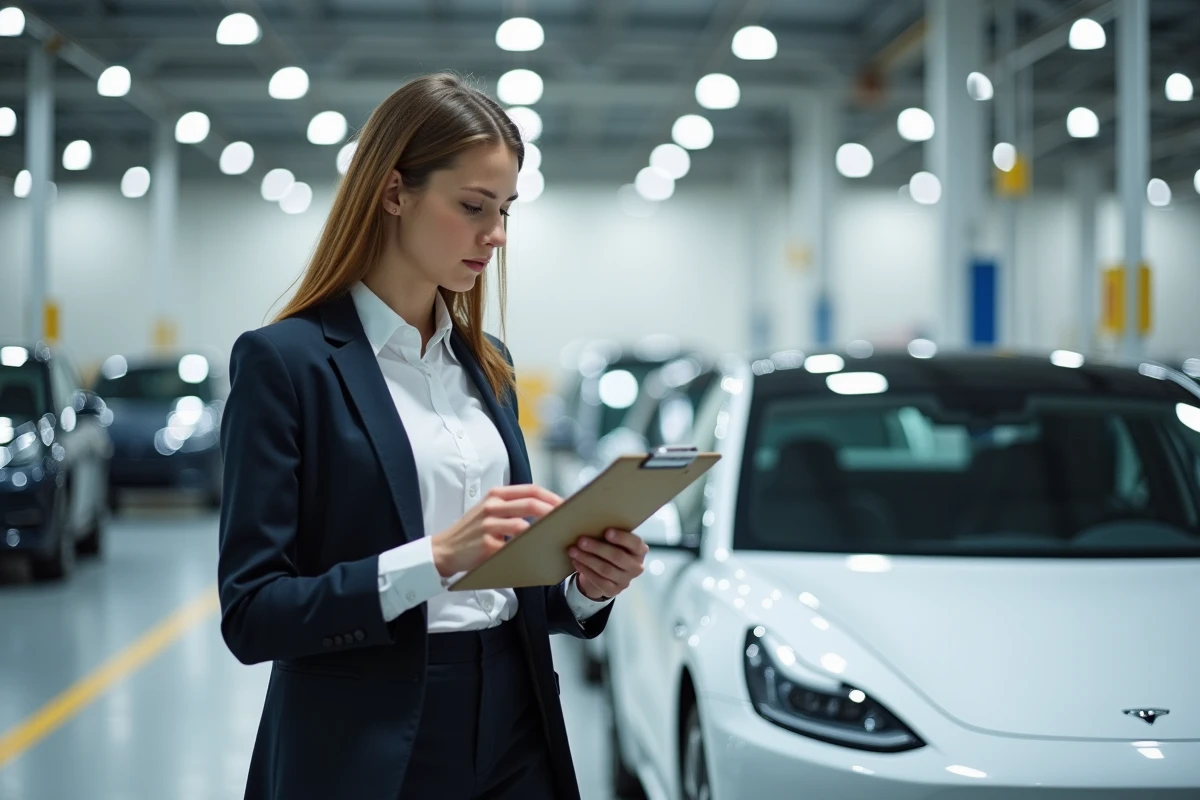 Jeune femme ingénieure automobile avec voiture électrique en atelier