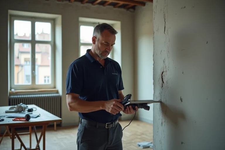 Inspecteur professionnel réalisant un état des lieux visuel dans un appartement vide à Lyon avec tablette numérique