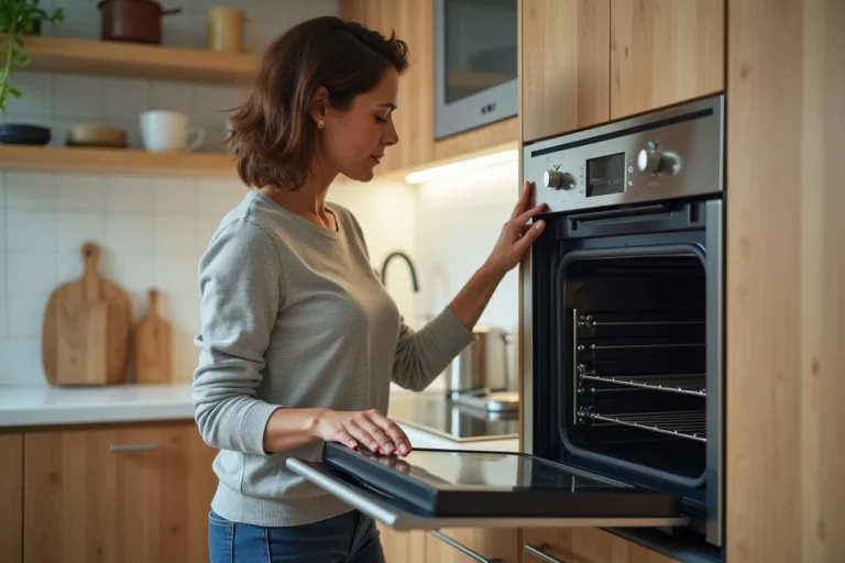 Femme inspectant un four encastré dans une cuisine moderne
