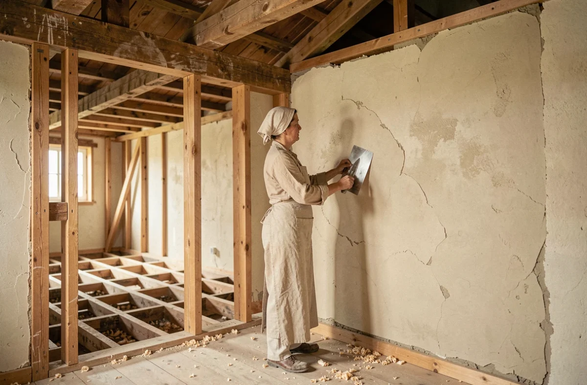 Intérieur d'une maison en construction dans les années 1930 avec enduit plâtre sur lattis de bois et charpente apparente