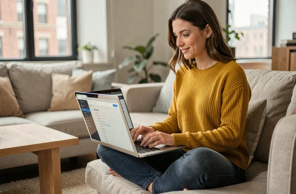 Jeune auto-entrepreneuse naviguant sur un plan de site web depuis son canapé dans un appartement moderne