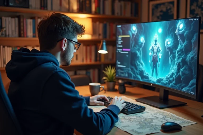 Joueur focalisé devant son écran de jeu vidéo Dofus cherchant le pioute bleu avec des notes de guide éparpillées sur le bureau
