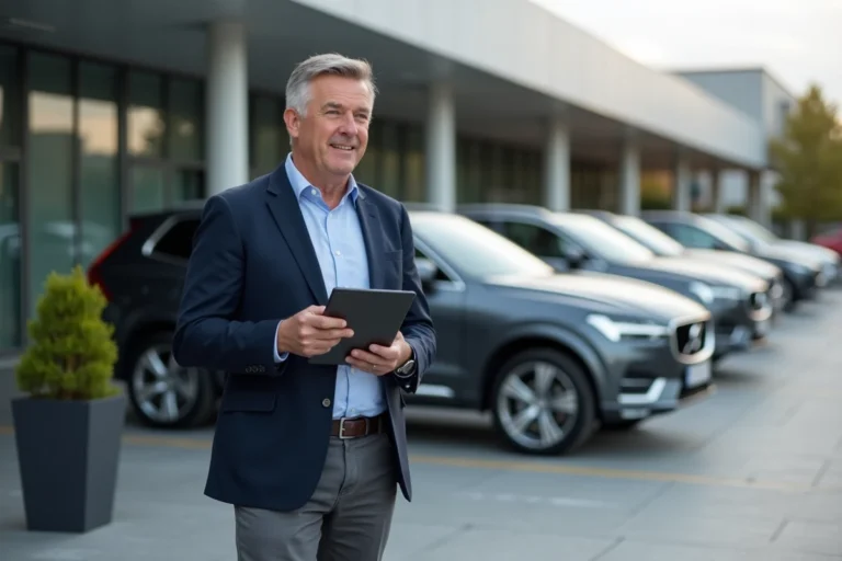 Journaliste automobile homme près de voitures neuves modernes