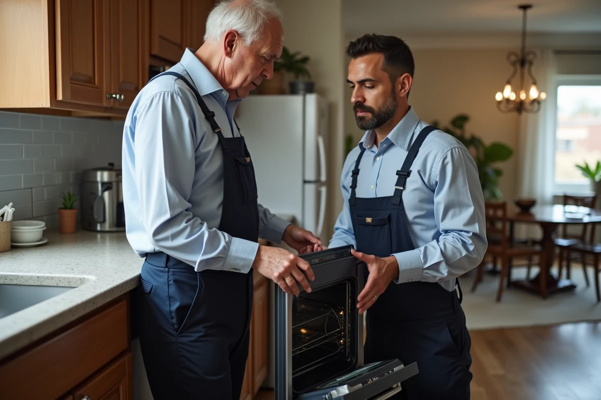 Homme d age et technicien examinant un four de cuisine