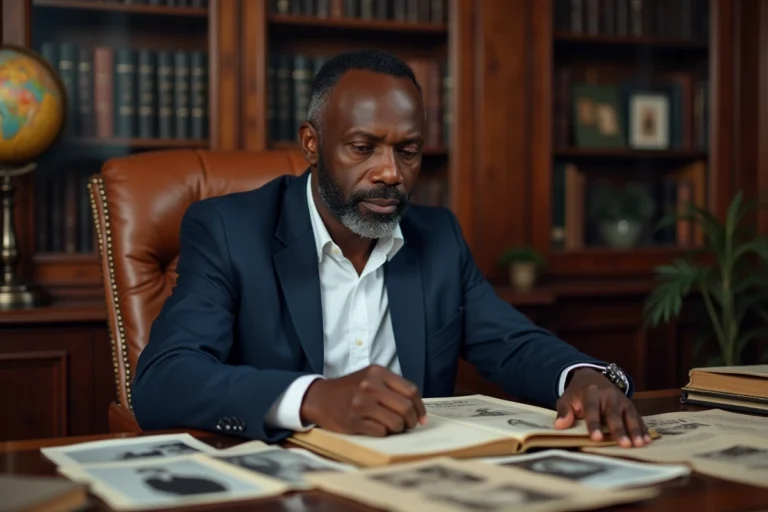 Homme d'origine haïtienne examinant des documents de généalogie et des photos de famille anciennes dans un bureau chaleureux rempli de livres