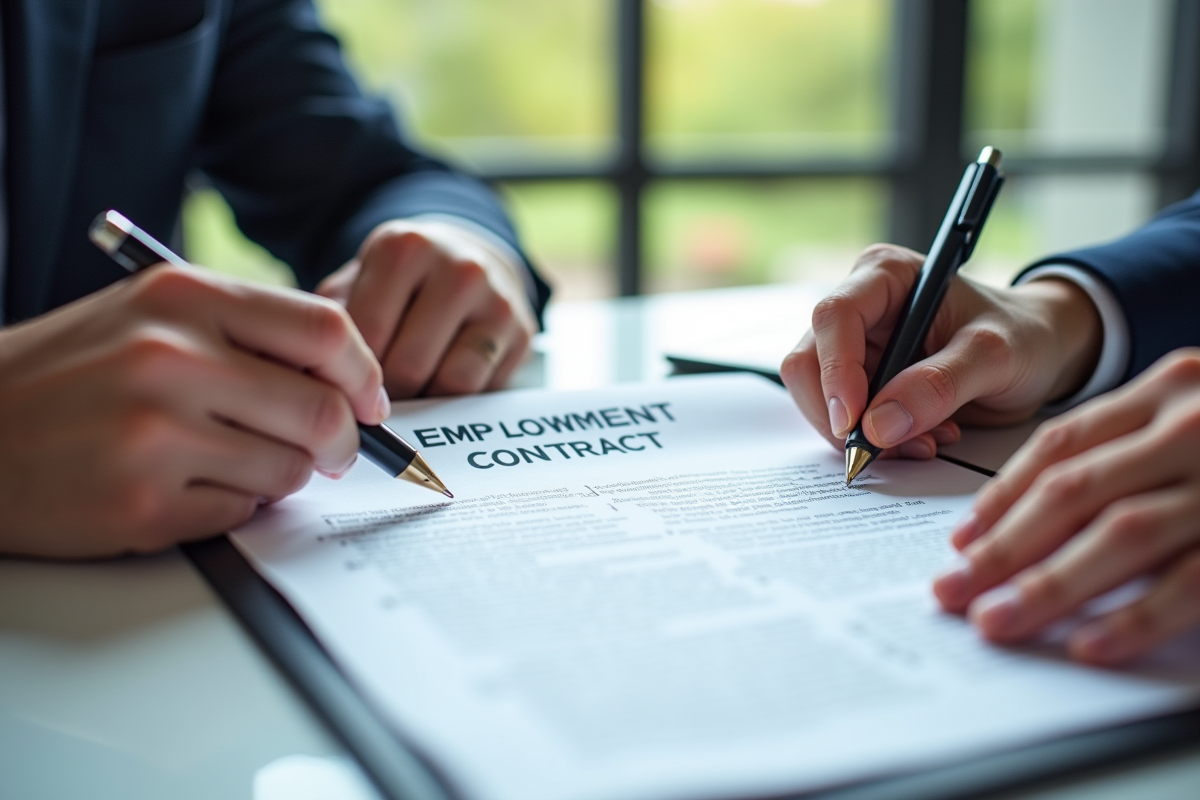 Mains tenant et soulignant des termes clés sur un contrat d emploi