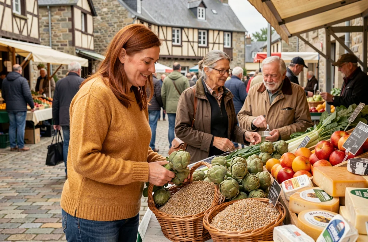 Femme s'intégrant à la vie locale bretonne en faisant ses courses au marché traditionnel de produits régionaux