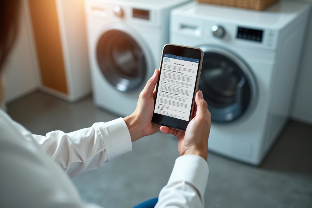 Mains tenant un smartphone affichant une notice PDF de machine à laver devant un lave-linge