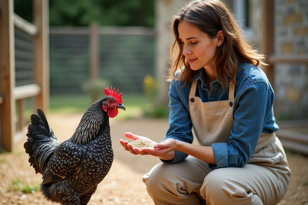 Personne nourrissant à la main une poule bleue d'Aquitaine dans un enclos extérieur à la ferme