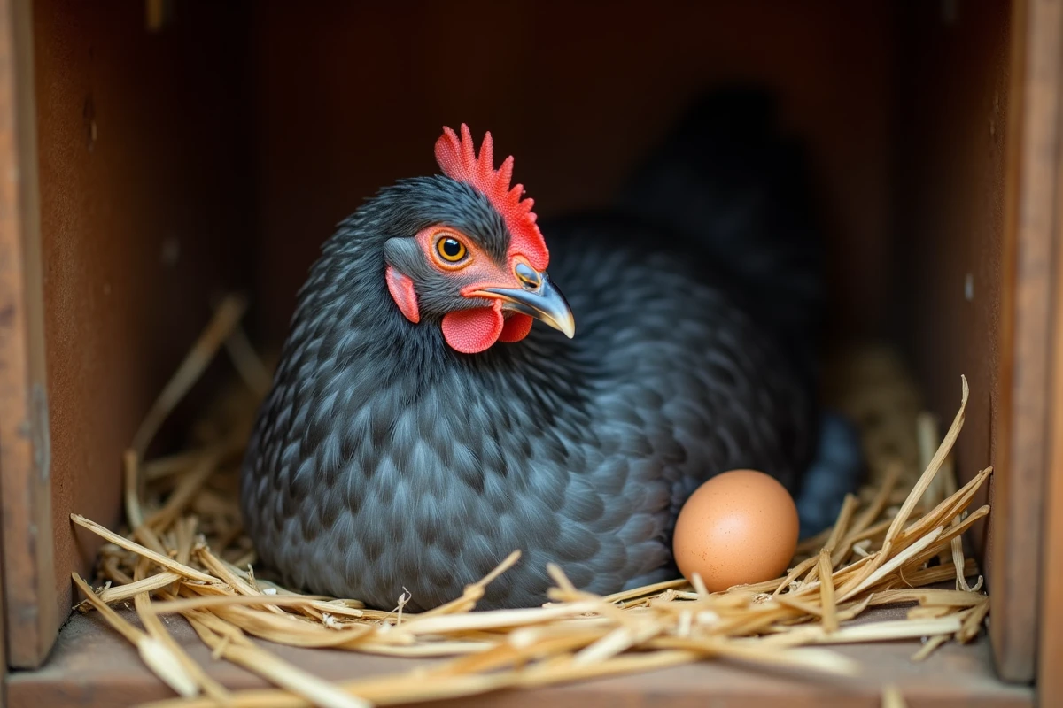 Portrait rapproché d'une poule bleue d'Aquitaine nichée dans un pondoir en bois garni de paille fraîche avec un œuf