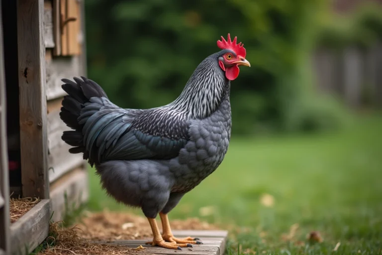 Poule bleue d'Aquitaine sur la rampe d'un poulailler rustique en bois dans un jardin campagnard français