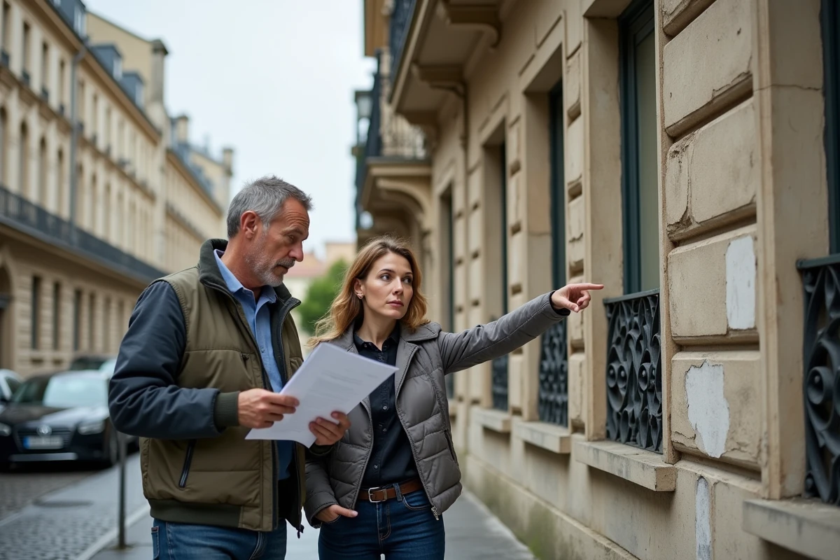 Deux professionnels de l'inspection visuelle analysant la façade d'un immeuble haussmannien à Lyon avec un rapport d'état des lieux