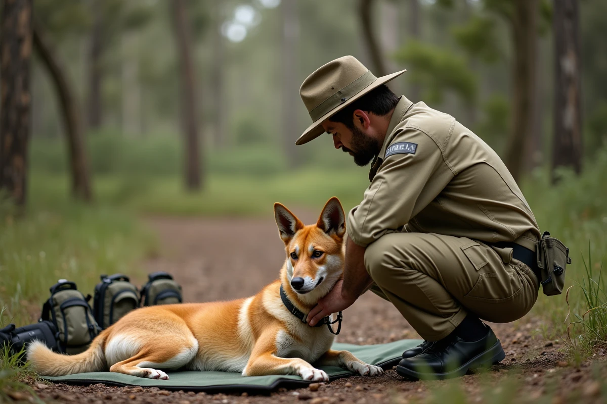 Ranger en train de poser un collier GPS sur un dingo dans un sanctuaire de protection en Nouvelle-Galles du Sud