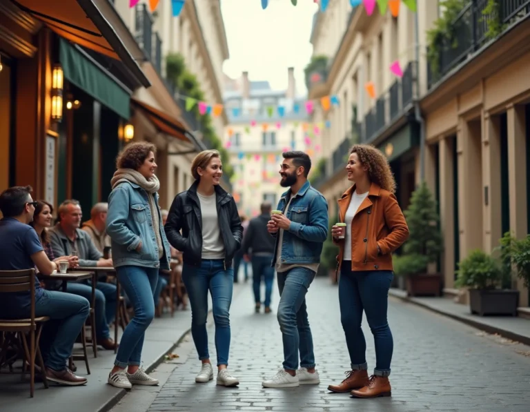 Groupe de personnes diverses socialisant en terrasse dans le quartier du Marais à Paris, décoré de drapeaux arc-en-ciel, ambiance conviviale et inclusive