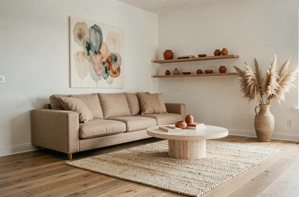 Salon moderne aux tendances déco 2024 avec canapé en lin, table en travertin et accessoires en céramique terracotta