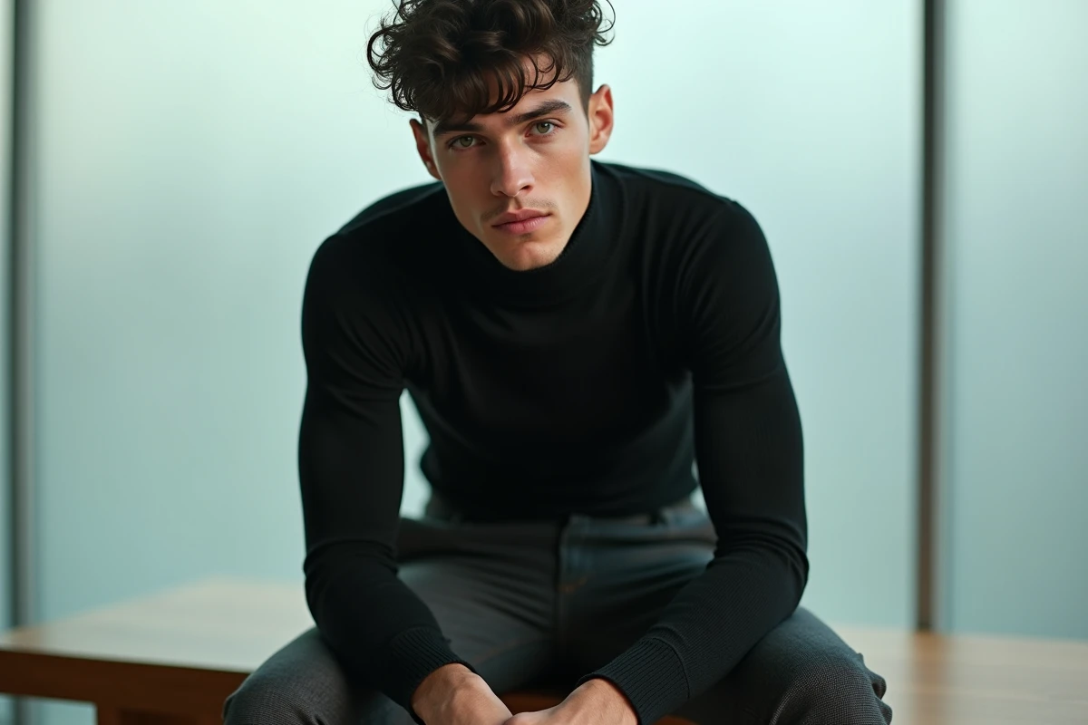 Jeune homme élancé en tenue noire assis dans un cadre éditorial, évoquant le physique et la silhouette de Timothée Chalamet