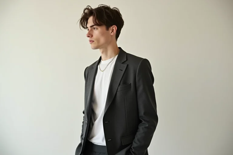 Portrait en pied d'un jeune homme mince d'environ 1m79 en studio, illustrant la morphologie et la taille de Timothée Chalamet