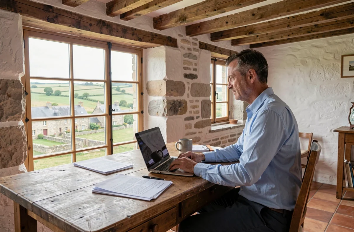 Homme en télétravail dans une maison en pierre rénovée de Bretagne avec vue sur la campagne bretonne verdoyante