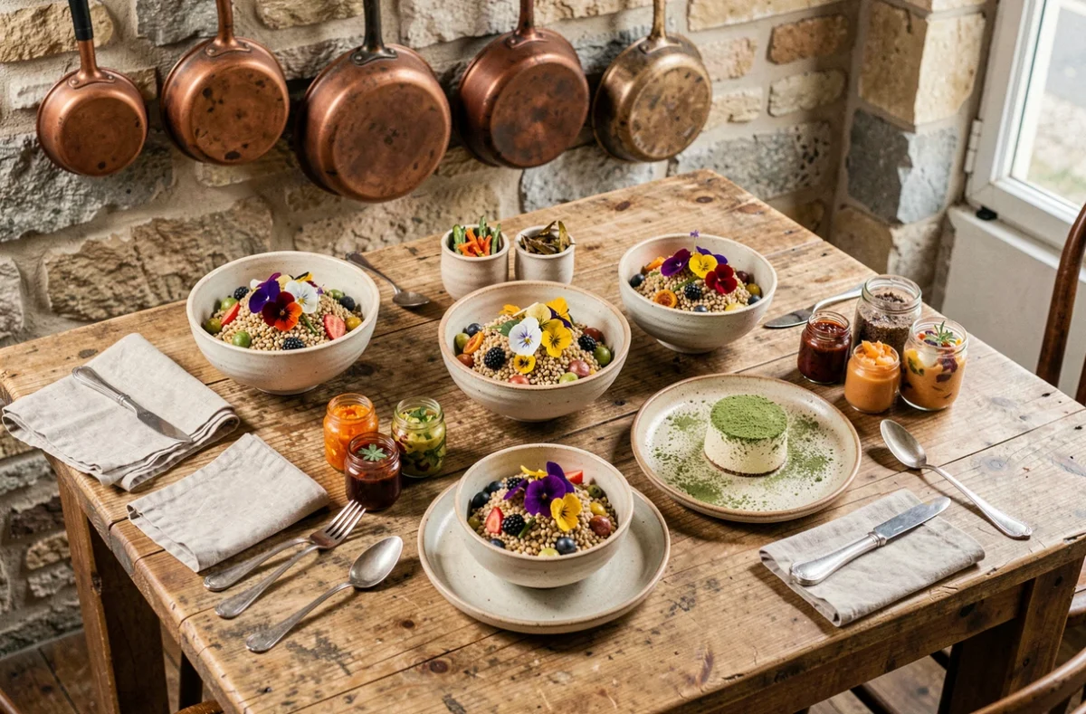 Tendances gourmandes 2024 : une table rustique en bois garnie de bols colorés, légumes fermentés et desserts au matcha dans un bistro parisien