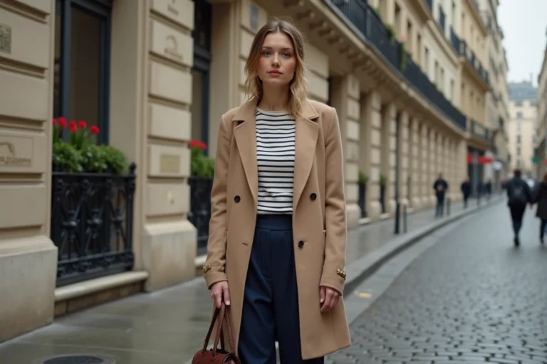 Femme élégante en manteau beige et pantalon marine devant un immeuble haussmannien à Paris, style mode parisien contemporain
