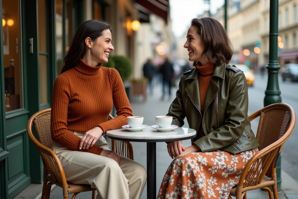 Deux femmes stylées en tenue mode automnale attablées en terrasse de café parisien, tendances mode Paris automne