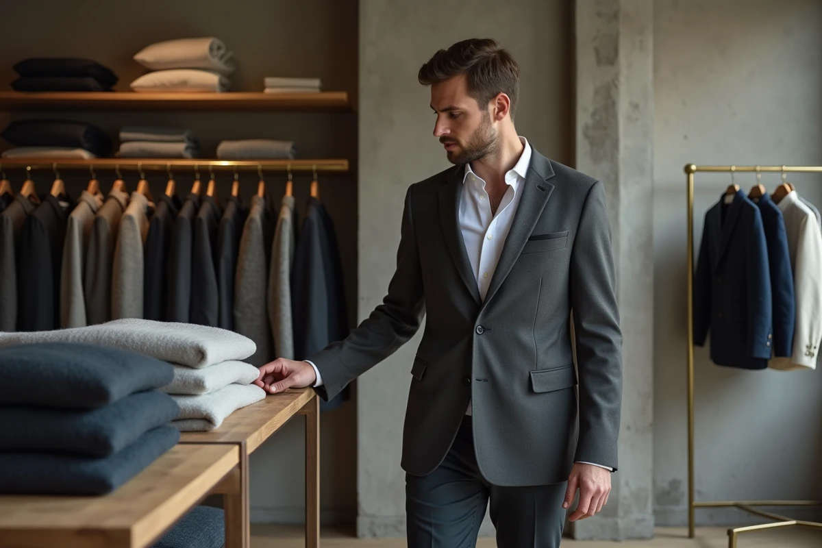 Homme en blazer charbon dans une boutique concept store du Marais à Paris, mode masculine parisienne tendance