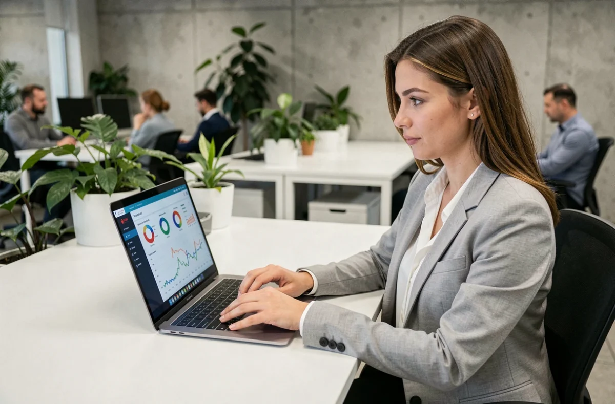 Femme professionnelle analysant des tendances web et des données digitales sur un ordinateur portable dans un bureau moderne