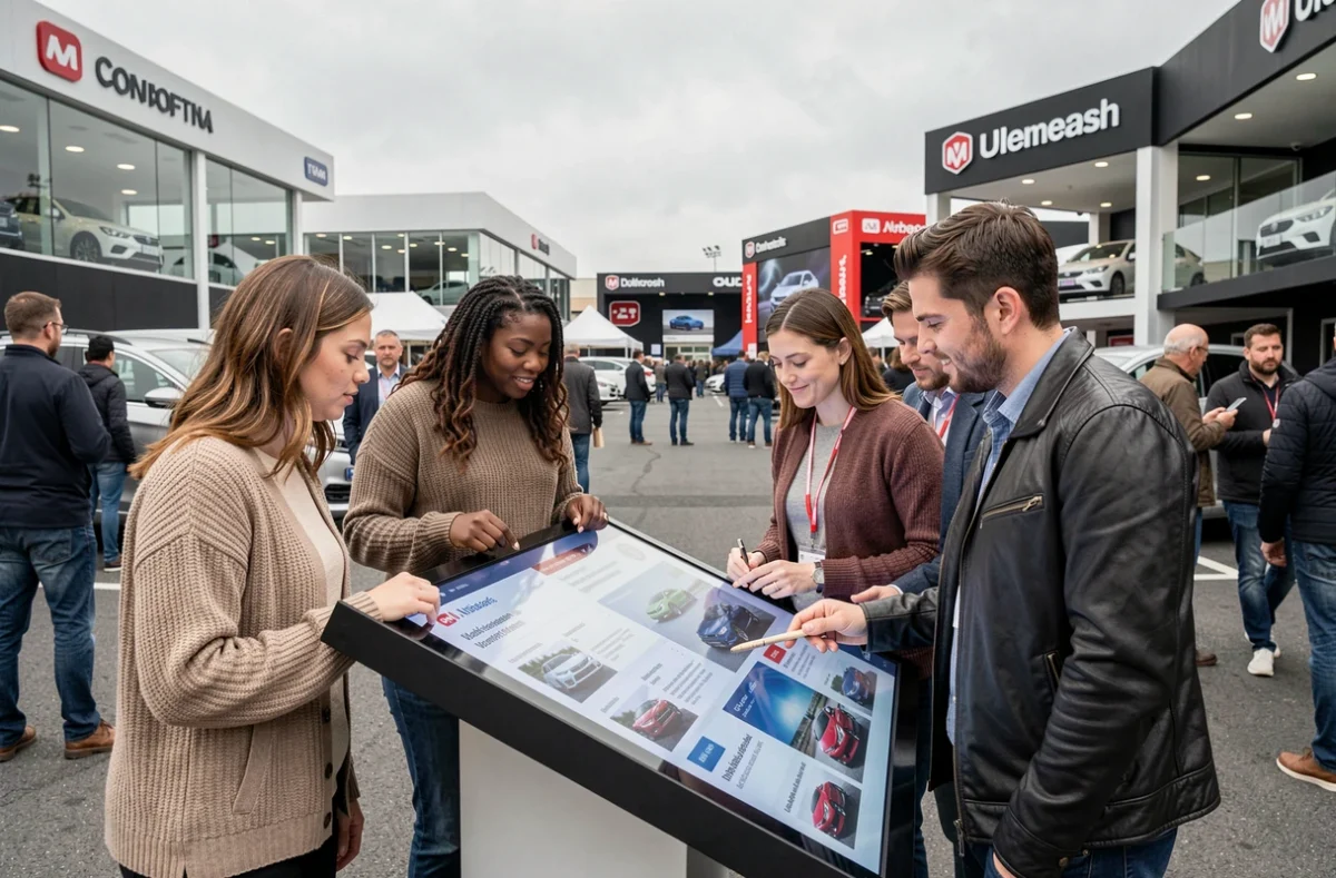 Visiteurs consultant un écran interactif présentant les nouveautés automobiles lors d'un salon de l'automobile